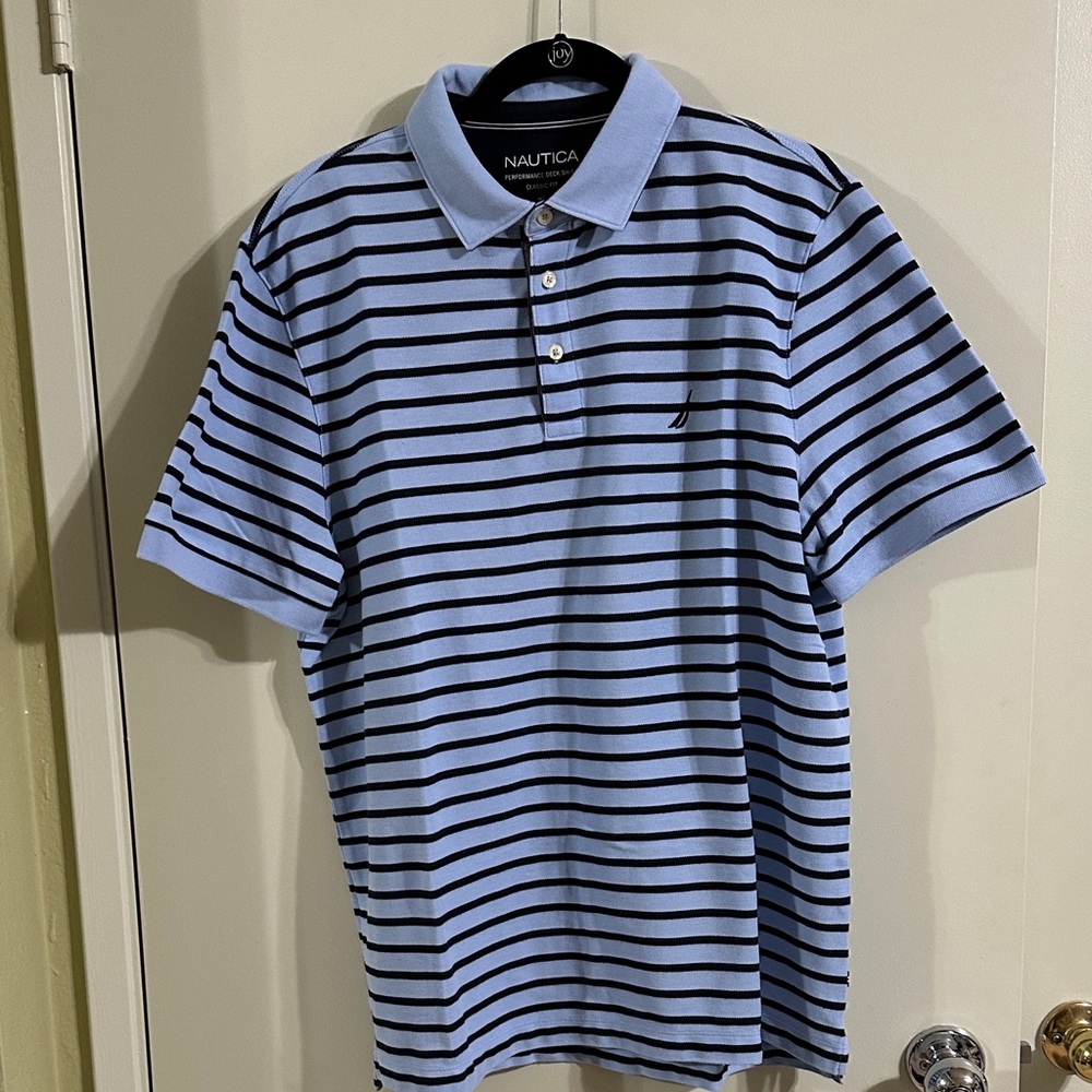 Nautica Men's Light Blue and Black Striped Polo